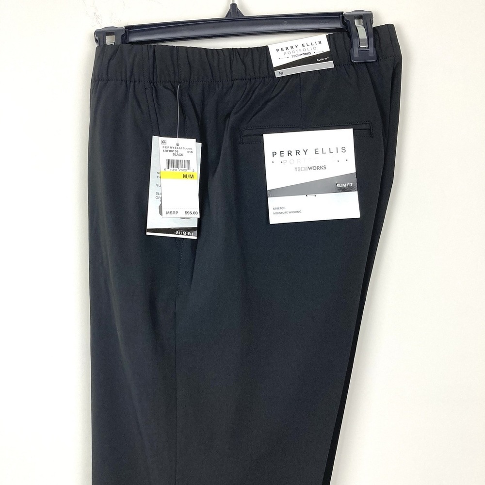 Perry Ellis Men's Pant Slim Fit Stretch Drawstring Size Large Black‎ Techworks